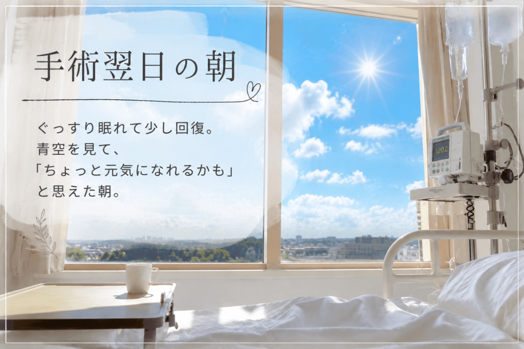手術翌日の朝のイメージ画像。明るい光が差し込む清潔感のある病室の窓辺に、点滴スタンドとベッドの一部が見える。画像内には「手術翌日の朝。ぐっすり眠れて少し回復。青空を見て『ちょっと元気になれるかも』と思えた朝。」という前向きなメッセージが添えられている。