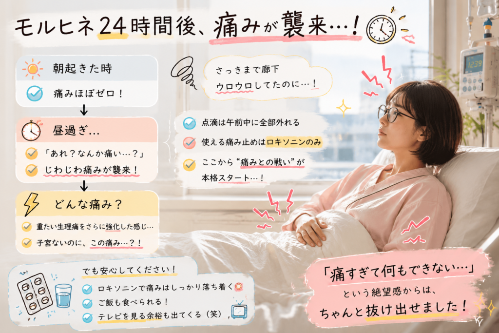 「歩行スタート」のイラスト。術後、看護師に促されてヨタヨタと歩き出す女性。「スパルタ早ない！？（笑）」という心の声や、院内コンビニに向かう様子、「この時はまだ知らなかったんです。数時間後、モルヒネが切れて“痛み地獄”が始まることを」という不穏な予感のテキストが添えられている。