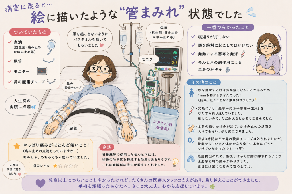 子宮全摘手術後の「管まみれ」状態の図解。点滴（両腕）、尿管、モニター、鼻の酸素チューブがついた様子や、寝返り禁止・全身のかゆみなどのつらかったポイントをまとめたイラスト。
