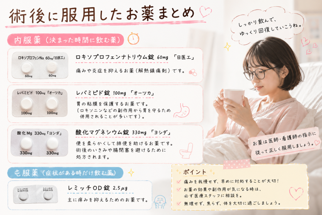 子宮全摘手術の術後に処方された薬（内服薬のロキソプロフェンナトリウム錠、レバミピド錠、酸化マグネシウム錠、および屯服薬のレミッチOD錠）の紹介画像