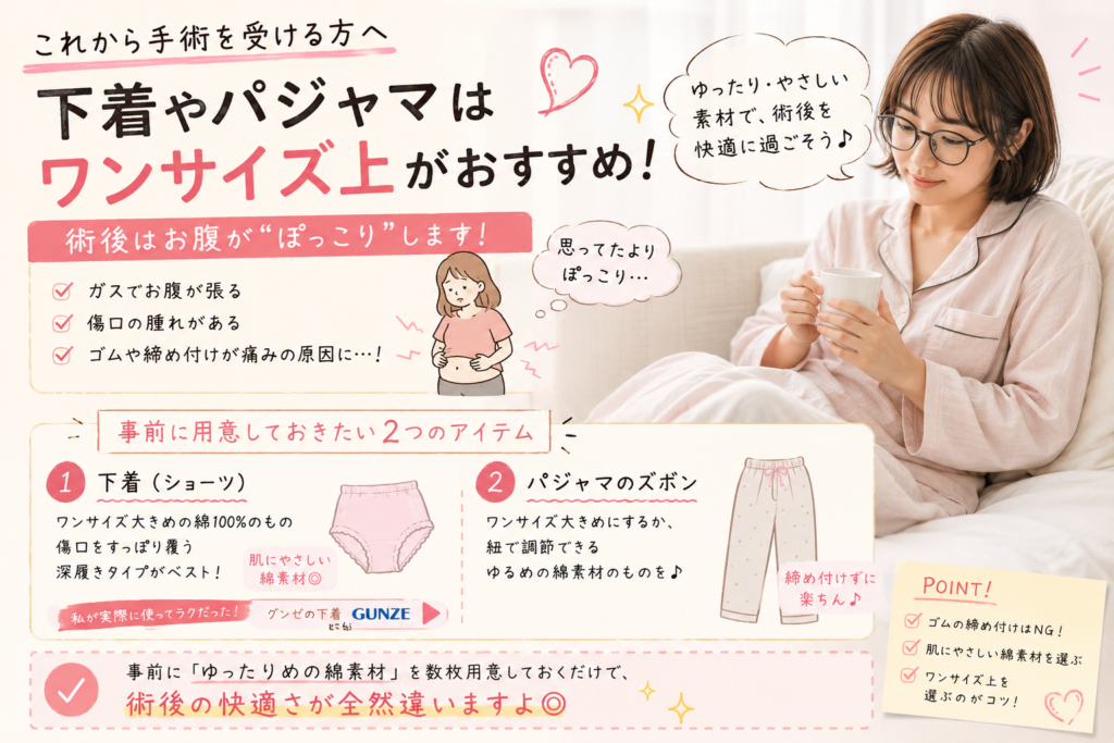 手術後にお腹が張る様子や、ゆったりとした大きめサイズの下着・パジャマを選ぶことをイメージしたイラスト