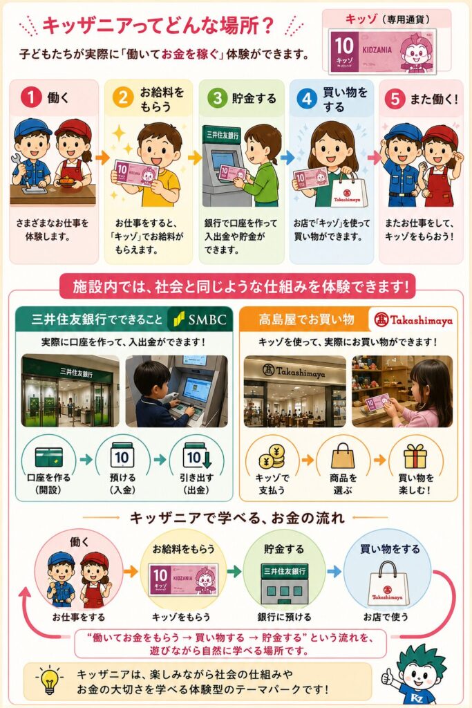 キッザニアの仕組みを説明したイラスト。①働く、②お給料（キッゾ）をもらう、③貯金する（三井住友銀行）、④買い物をする（高島屋）、⑤また働く、という社会のサイクルを遊びながら学べることを図解しています。