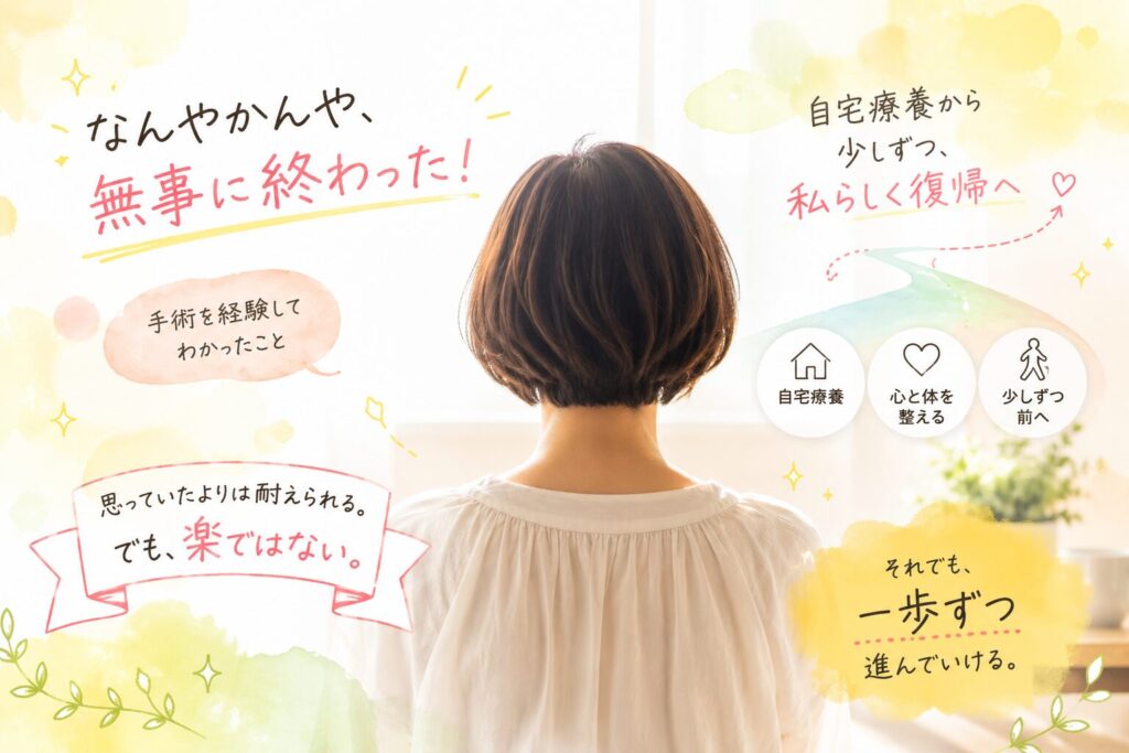「なんやかんや、無事に終わった!」という文字と、自宅療養から私らしく復帰へ向かうイメージのイラスト。手術を経験してわかったこと、心と体を整える、少しずつ前へ、というメッセージが描かれている。
