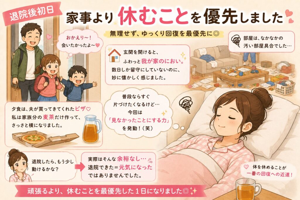 「退院後初日 家事より休むことを優先しました」と題したイラスト。無理せず、ゆっくり回復を最優先にするためのエピソードが描かれている。
・部屋はなかなかの汚部屋具合だったが、今回は「見なかったことにする力」を発動して片付けず、横になる女性のイラスト