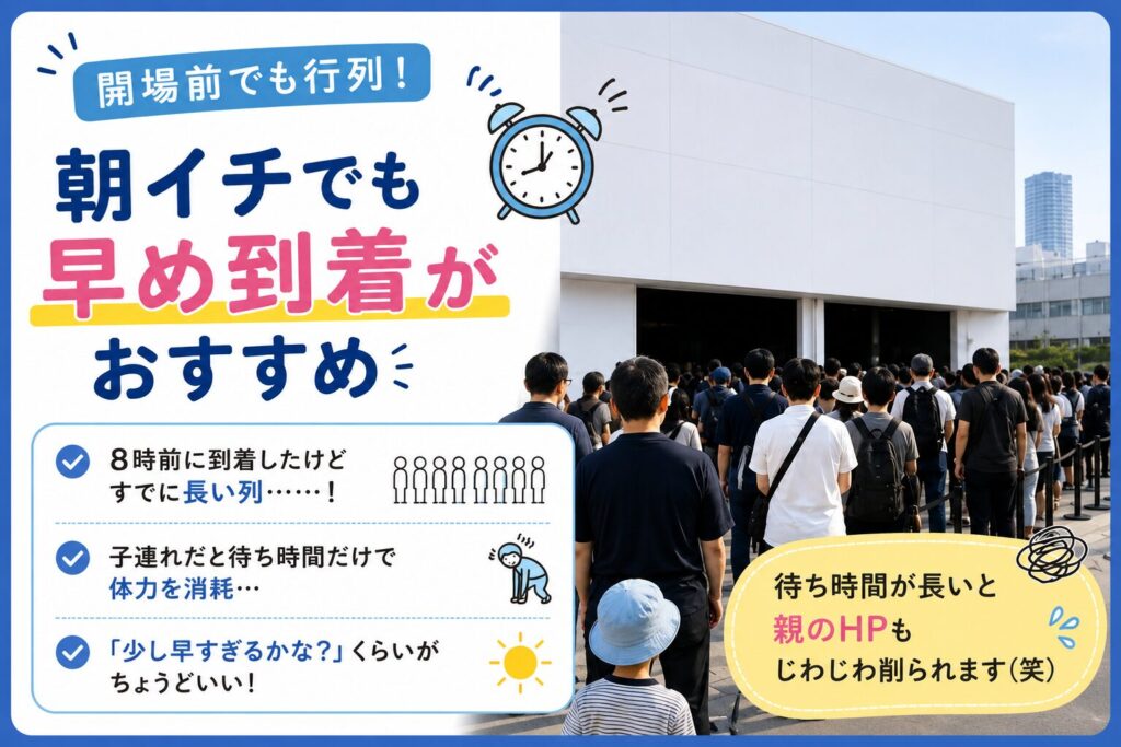 「開場前でも行列！朝イチでも早め到着がおすすめ」という見出しのイラスト。「8時前に到着したけどすでに長い列……！」「子連れだと待ち時間だけで体力を消耗…」「『少し早すぎるかな？』くらいがちょうどいい！」というポイントや、「待ち時間が長いと親のHPもじわじわ削られます（笑）」という感想とともに、行列に並ぶ人たちのイメージ写真が描かれている。