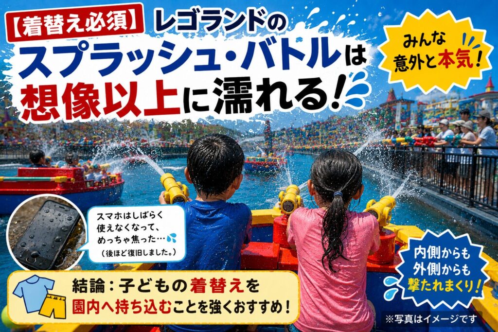 レゴランドのスプラッシュ・バトルの濡れ具合と対策の解説画像。アトラクションの船や場外から水鉄砲で狙われ全身びしょ濡れになること、スマホの故障に注意が必要なこと、「結論：子どもの着替えを園内へ持ち込むことを強くおすすめします！」というメッセージが書かれたインフォグラフィック。