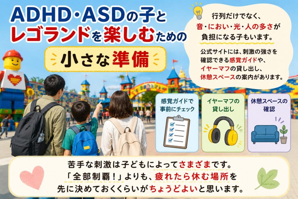 ADHD・ASDの子とレゴランドを楽しむための小さな準備の解説画像。行列だけでなく音・におい・光・人の多さが負担になる子もいるため、感覚ガイドでの事前チェック、イヤーマフの貸し出し、休憩スペースの確認という3つの対策がイラスト付きで書かれたインフォグラフィック。