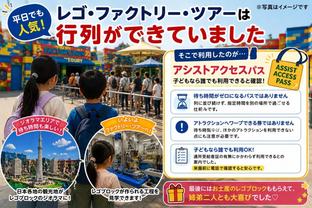 レゴランドのアシストアクセスパスの仕組みと注意点の解説画像。「待ち時間がゼロになるパスではなく、列に並ばず指定時間を別の場所で過ごせる仕組み」「待ち時間中は他アトラクションを利用できない」「子どもは受給者証の有無に関わらず利用OK（来園前に電話確認が安心）」という内容が書かれたインフォグラフィック。