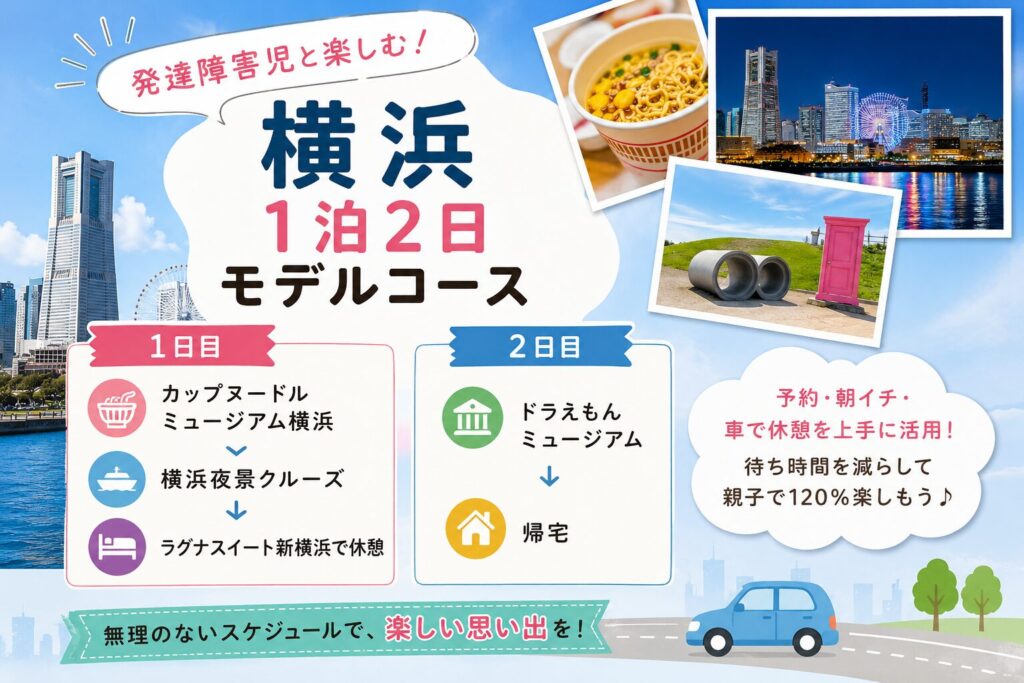発達障害児と楽しむ！横浜1泊2日モデルコース。1日目はカップヌードルミュージアム横浜、横浜夜景クルーズ、ラグナスイート新横浜。2日目はドラえもんミュージアム、帰宅。予約・朝イチ・車で休憩を上手に活用！のインフォグラフィック画像
