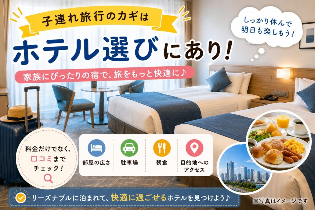 子連れ旅行のカギはホテル選びにあり！料金だけでなく口コミまでチェック！部屋の広さ、駐車場、朝食、目的地へのアクセスなど、家族にぴったりの宿で旅をもっと快適に、しっかり休んで明日も楽しもう！の紹介画像