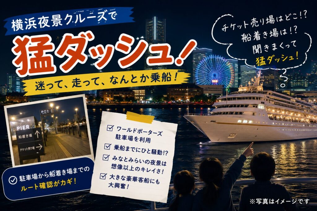 横浜夜景クルーズで猛ダッシュ！迷って、走って、なんとか乗車！チケット売り場はどこ！？船着き場は！？聞きまくって猛ダッシュ！駐車場（横浜ワールドポーターズ）から船着き場までのルート確認がカギ！の紹介画像