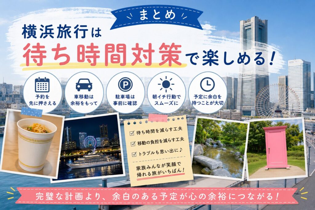 横浜旅行は待ち時間対策で楽しめる！予約を先に押さえる、車移動は余裕をもって、駐車場は事前に確認、朝イチ行動でスムーズに、予定に余白を持つことが大切、のまとめインフォグラフィック画像