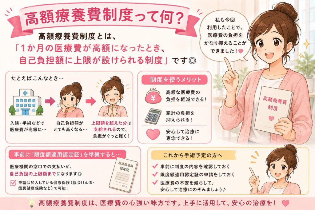 高額療養費制度の仕組み(自己負担額の上限)やメリット、事前に「限度額適用認定証」を準備することのメリットを解説したイラスト。