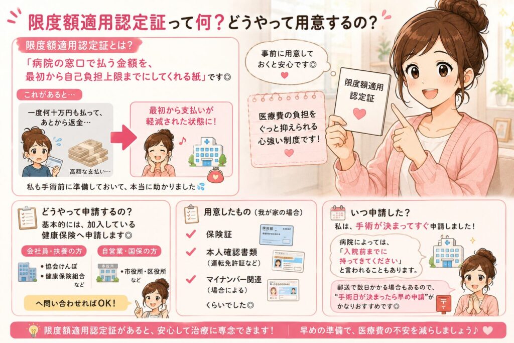 限度額適用認定証の仕組みやメリット、申請方法(会社員・自営業別の窓口)、用意するもの、申請のタイミングを分かりやすく解説したイラスト。