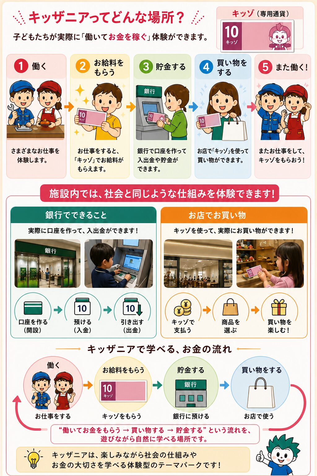 キッザニアの仕組みを説明したイラスト。①働く、②お給料(キッゾ)をもらう、③貯金する(三井住友銀行)、④買い物をする(高島屋)、⑤また働く、という社会のサイクルを遊びながら学べることを図解しています。