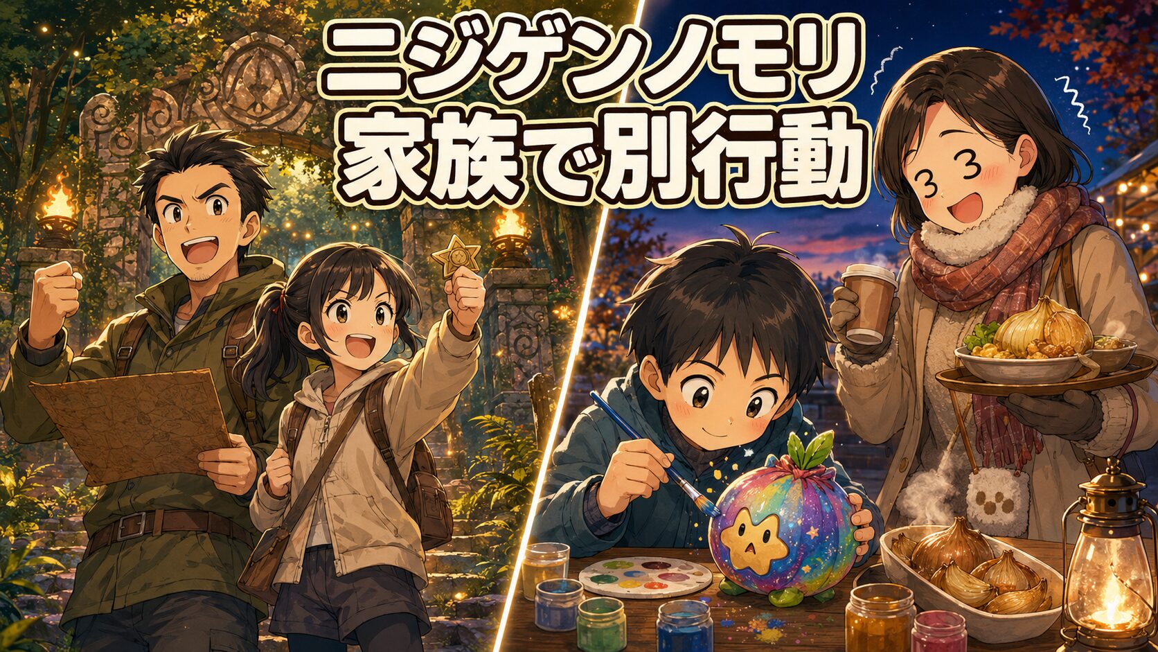 ニジゲンノモリで父と姉、母と弟の2チームに分かれて楽しむ様子