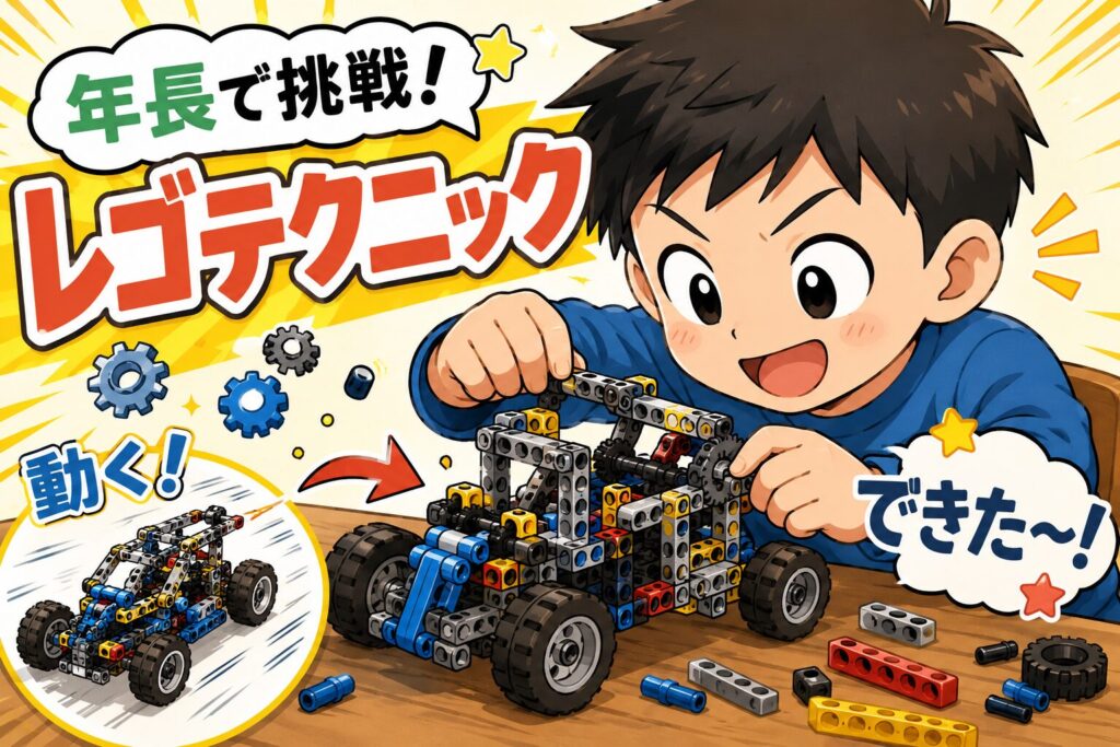 年長でレゴテクニックに挑戦して「できた〜！」と喜ぶ男の子のイラスト（動く！レゴテクニックの文字入り）