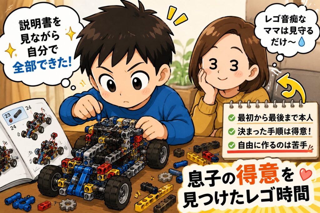 説明書を見ながら自分でレゴを完成させ、「レゴ音痴なママは見守るだけ〜」と微笑むお母さんと、男の子のイラスト