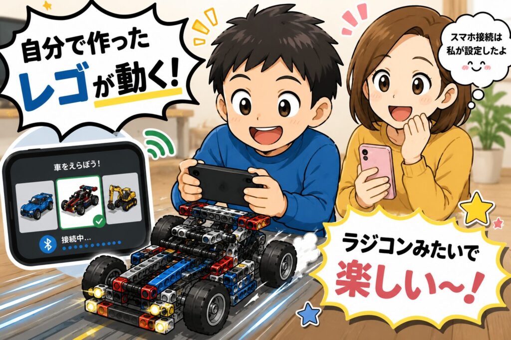 スマホでレゴを操作して「ラジコンみたいで楽しい〜！」と喜ぶ男の子と、「スマホ接続は私が設定したよ」と微笑むお母さんのイラスト
