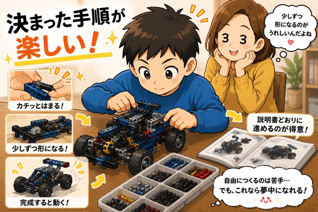 決まった手順でレゴを組み立てるのが楽しい男の子と、「少しずつ形になるのがうれしいんだよね」と優しく見守る母親のイラスト（「決まった手順が楽しい！」「カチッとはまる！」「少しずつ形になる！」などの文字入り）