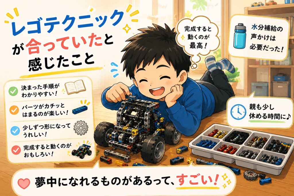 「レゴテクニックが合っていたと感じたこと」という文字と、決まった手順でレゴを組み立てるのが楽しい男の子、それを見守る母親のイラスト（「完成すると動くのが最高！」「水分補給の声かけは必要だった！」などの文字入り）