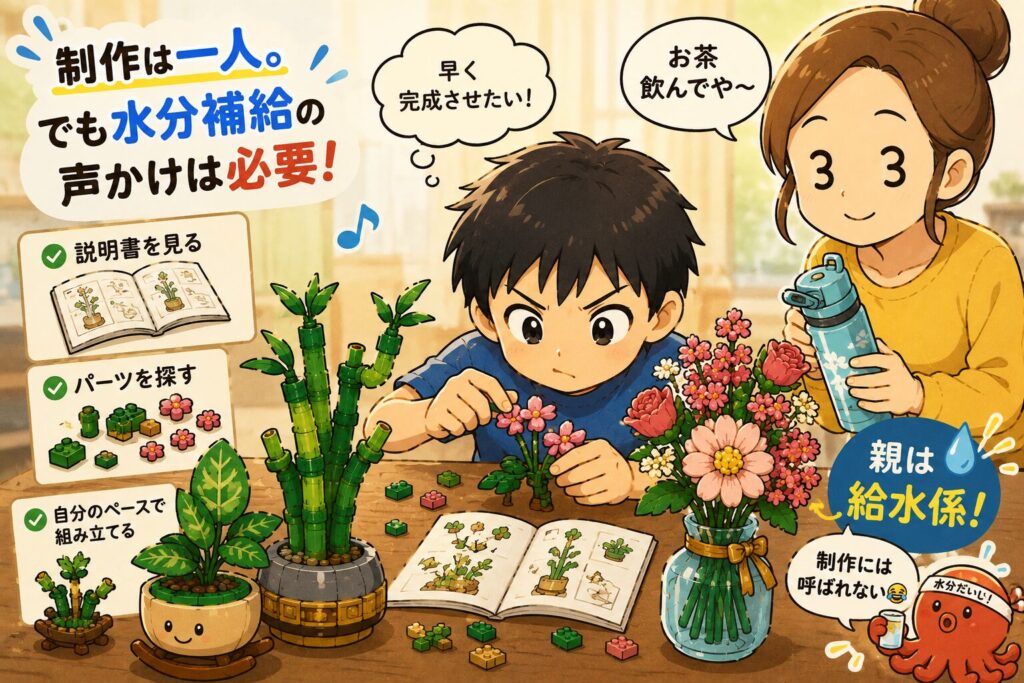 「制作は一人。でも水分補給の声かけは必要！」の文字が書かれた、レゴを組み立てる男の子と、水筒を持ったお母さんのイラスト（親は給水係）