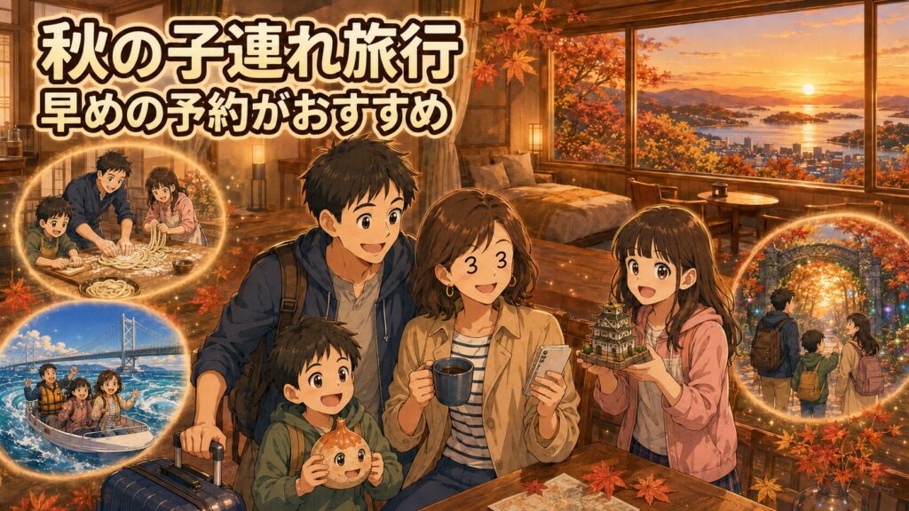 瀬戸内海から昇る朝日や紅葉、旅の思い出を楽しむ家族のイラストと「秋の子連れ旅行 早めの予約がおすすめ」の文字