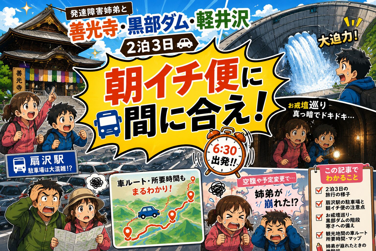 発達障害姉弟との家族旅行で黒部ダム朝イチ6時30分便に間に合うため扇沢駅へ全力疾走する様子
