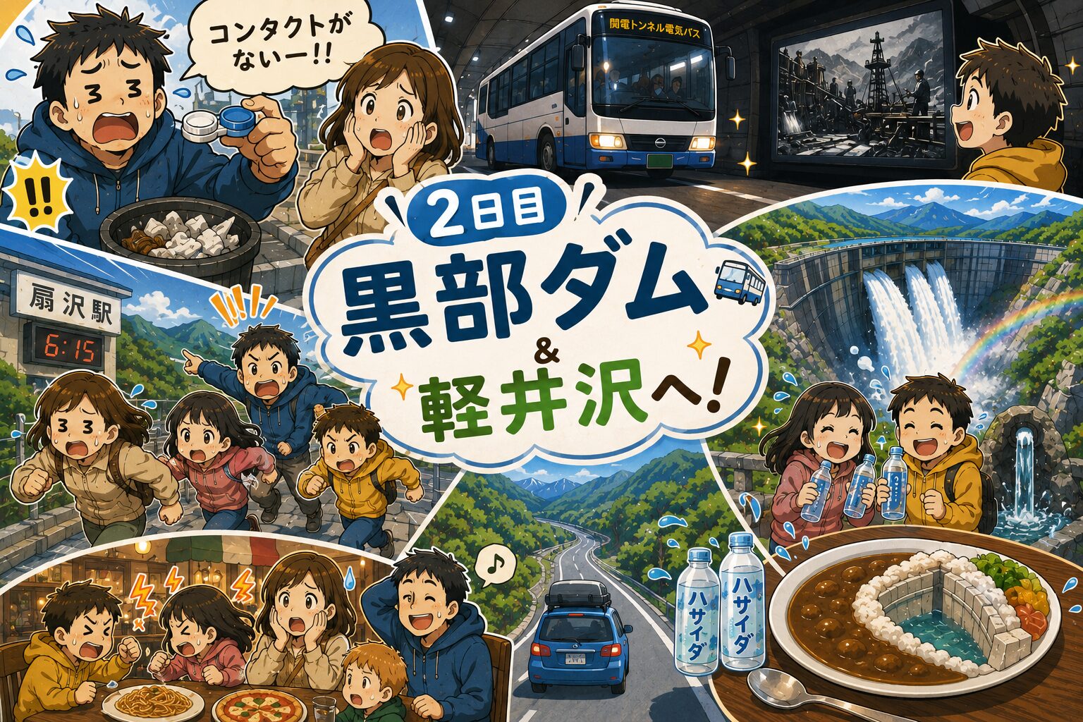 発達障害姉弟との黒部ダム観光で、扇沢駅、関電トンネル電気バス、放水、ダムカレーを巡る様子