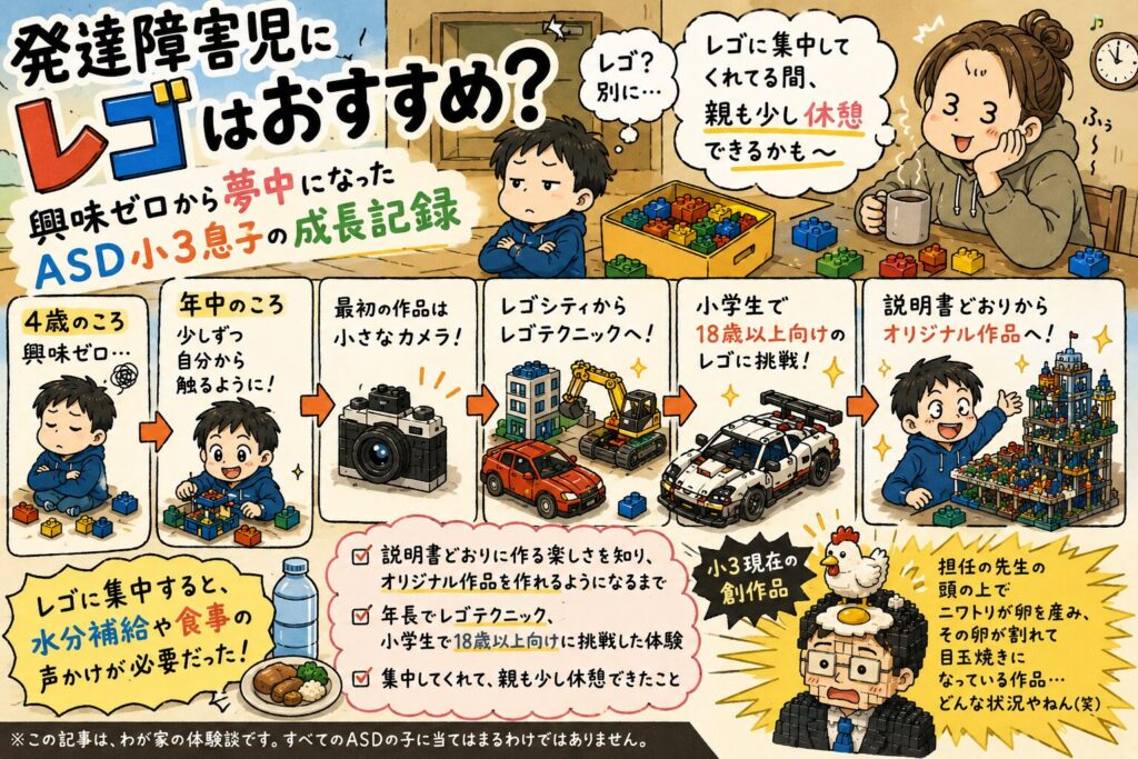 発達障害児にレゴはおすすめ？興味ゼロから夢中になったASD小3息子の成長記録のまとめイラスト（4歳から小3までのロードマップ）