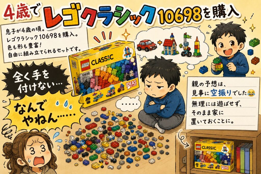 発達障害児にレゴはおすすめ？興味ゼロから夢中になったASD小3息子の成長記録のイラスト（「4歳でレゴクラシック10698を購入」の章）