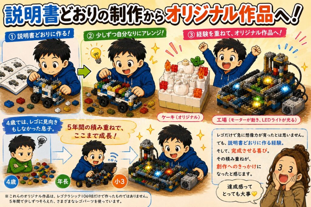 発達障害児にレゴはおすすめ？興味ゼロから夢中になったASD小3息子の成長記録のまとめイラスト（4歳から小3までの成長ステップ）