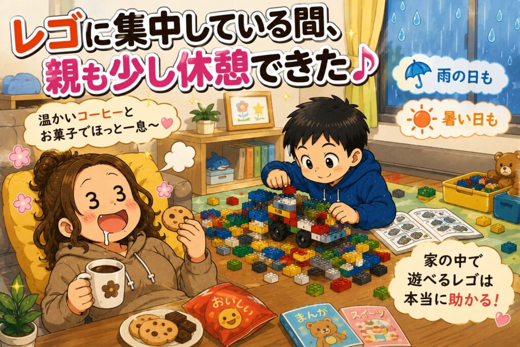 発達障害児にレゴはおすすめ？興味ゼロから夢中になったASD小3息子の成長記録のイラスト（「レゴに集中している間、親も少し休憩できた」の章）