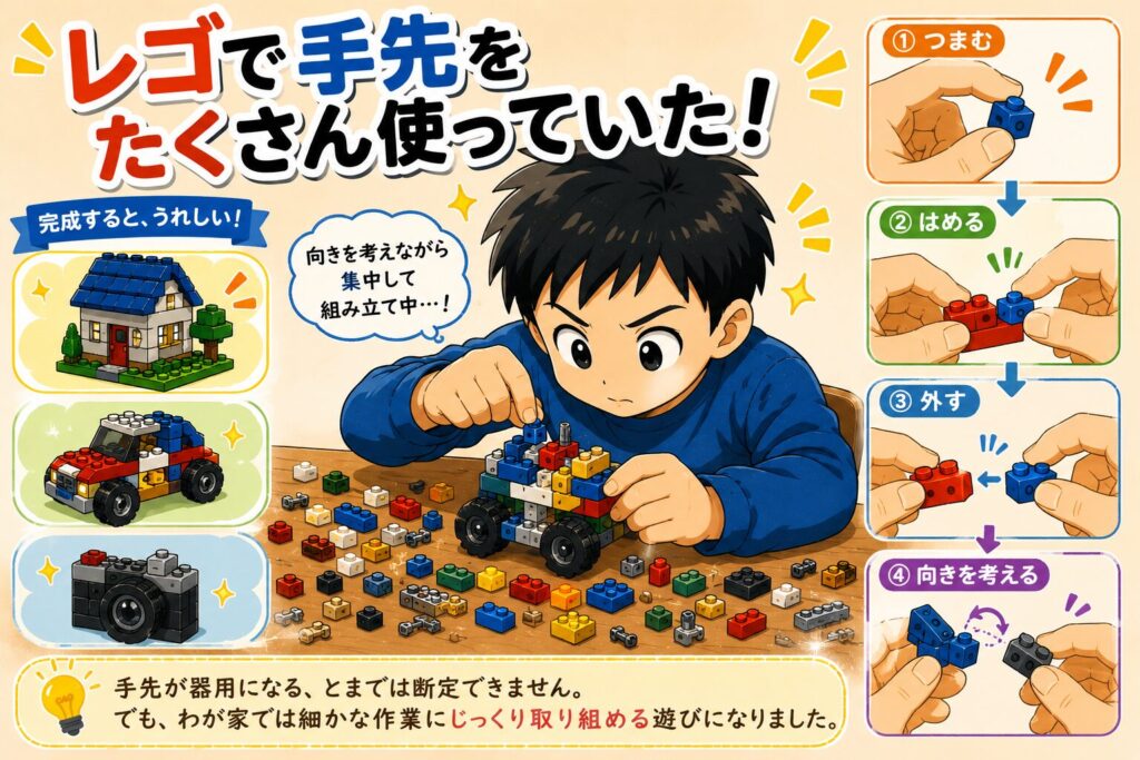 発達障害児にレゴはおすすめ？興味ゼロから夢中になったASD小3息子の成長記録のイラスト（「レゴで手先をたくさん使っていた」の章）