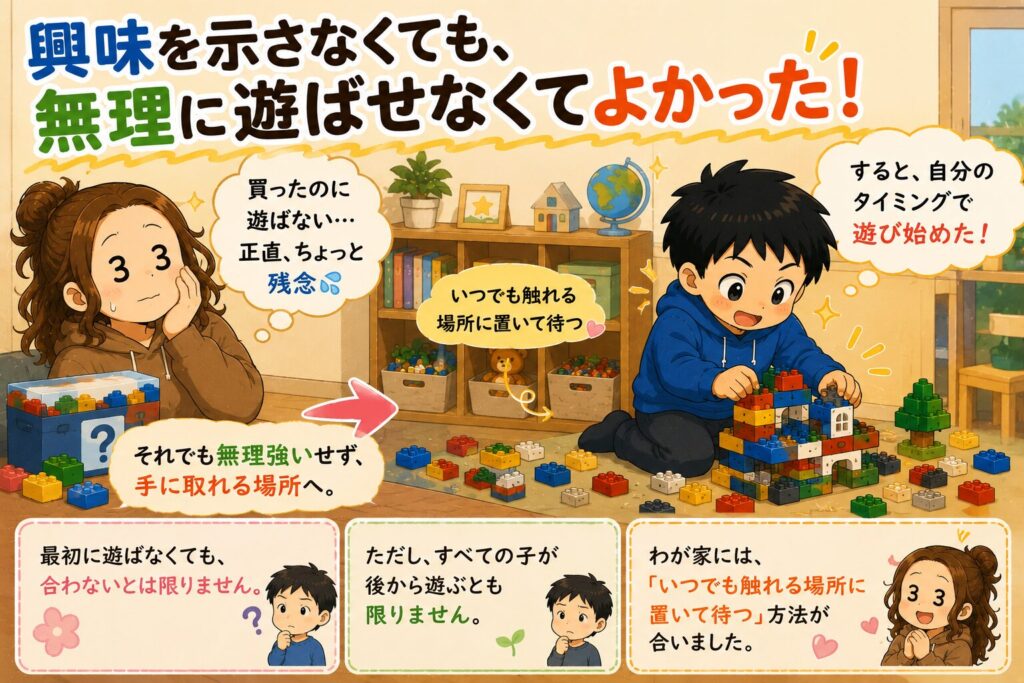 発達障害児にレゴはおすすめ？興味ゼロから夢中になったASD小3息子の成長記録のイラスト（「興味を示さなくても、無理に遊ばせなくてよかった」の章）