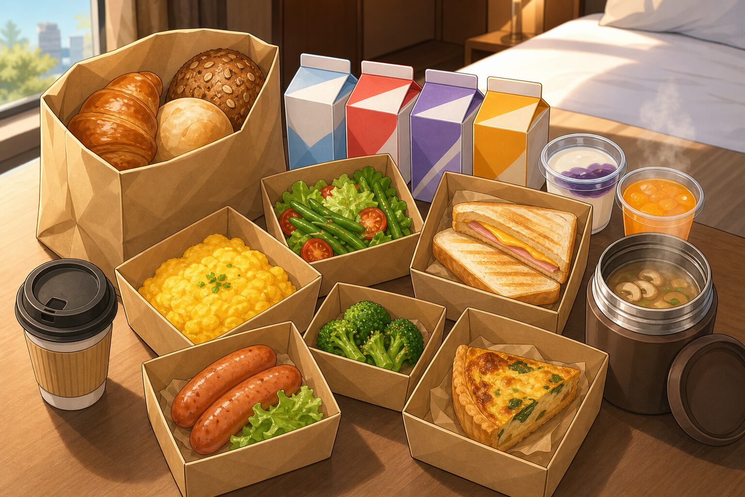 ホテルグランヴェール旧軽井沢の紙箱入り朝食を再現したアニメ風イメージ