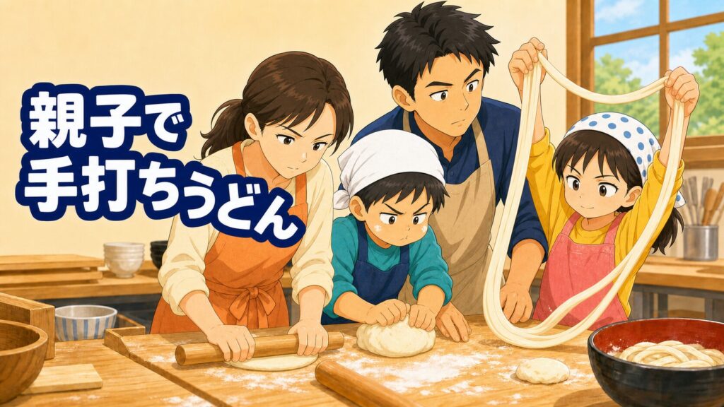 高松で子どもと手打ちうどん作りを体験する家族のイラスト