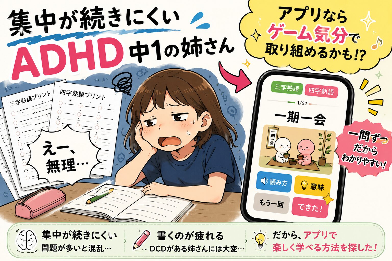 集中が続きにくいADHD中1の姉さんと一画面一問の学習アプリ