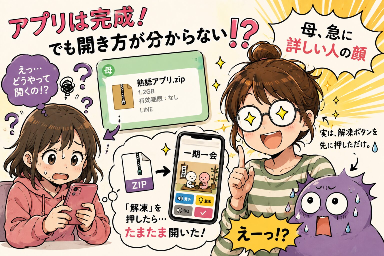 ZIPで届いた学習アプリの開き方に迷った母娘の様子