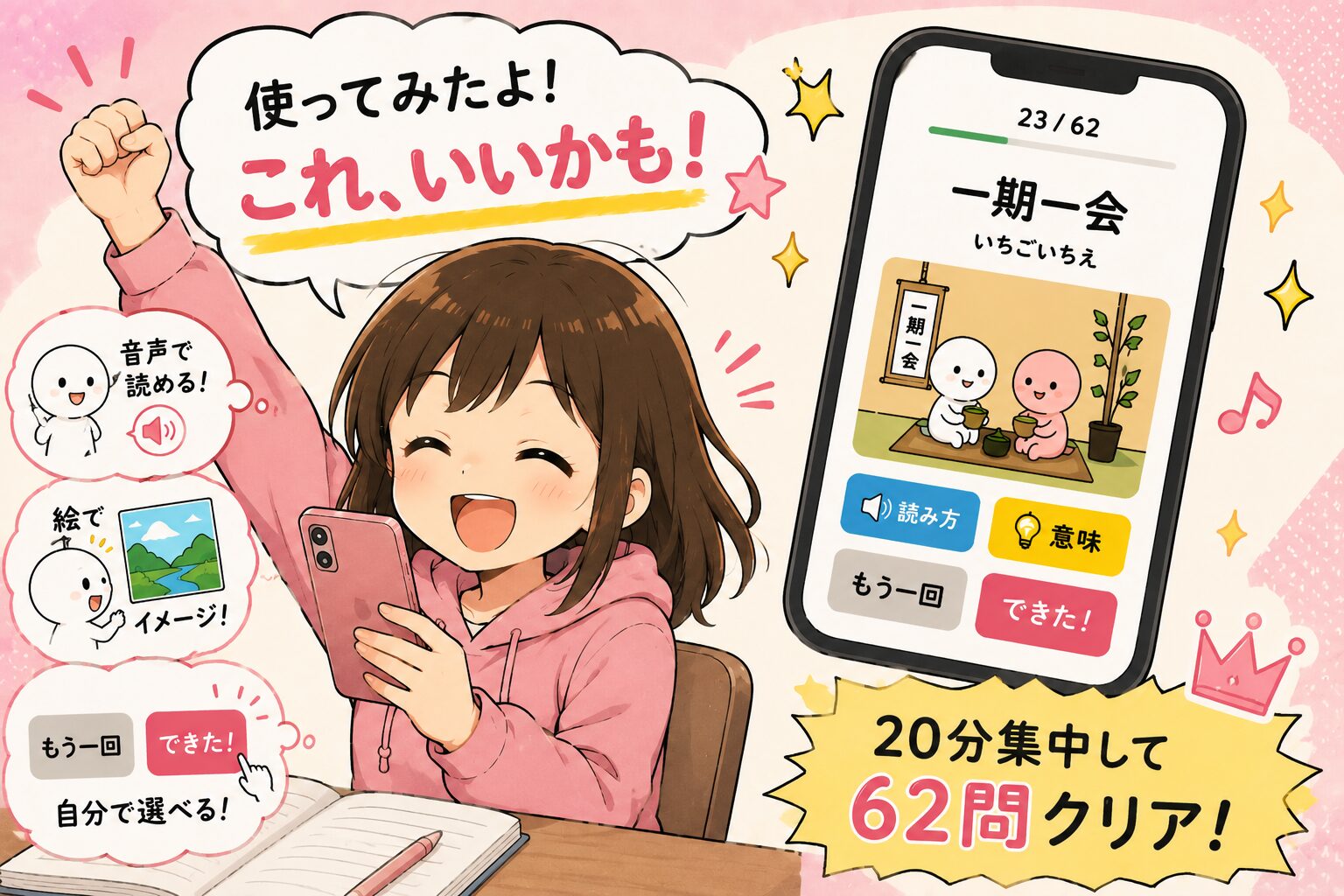 熟語学習アプリを使い20分集中して四字熟語62問に取り組んだ姉さん
