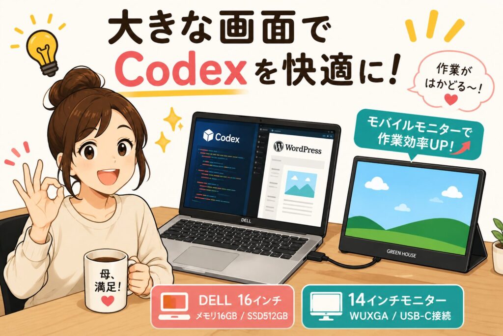 Dell 16インチPCと14インチモバイルモニターでCodexとWordPressを使うイメージ