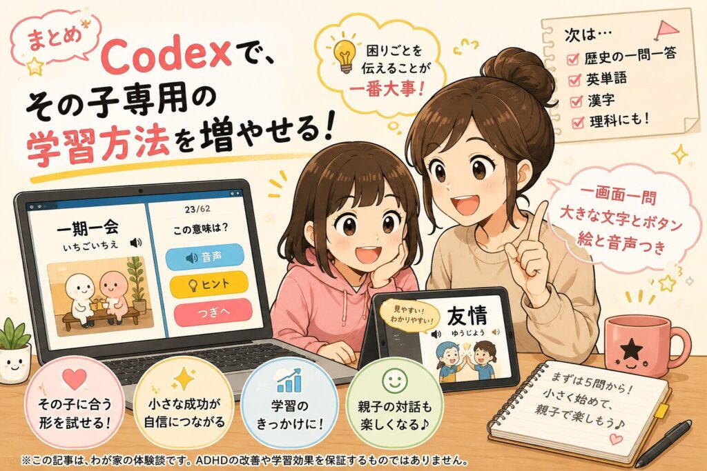 Codexで子ども専用の学習方法を増やせることをまとめたイメージ