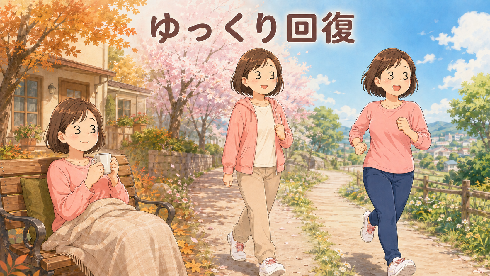 子宮全摘後に休養から歩行、運動へゆっくり回復する様子