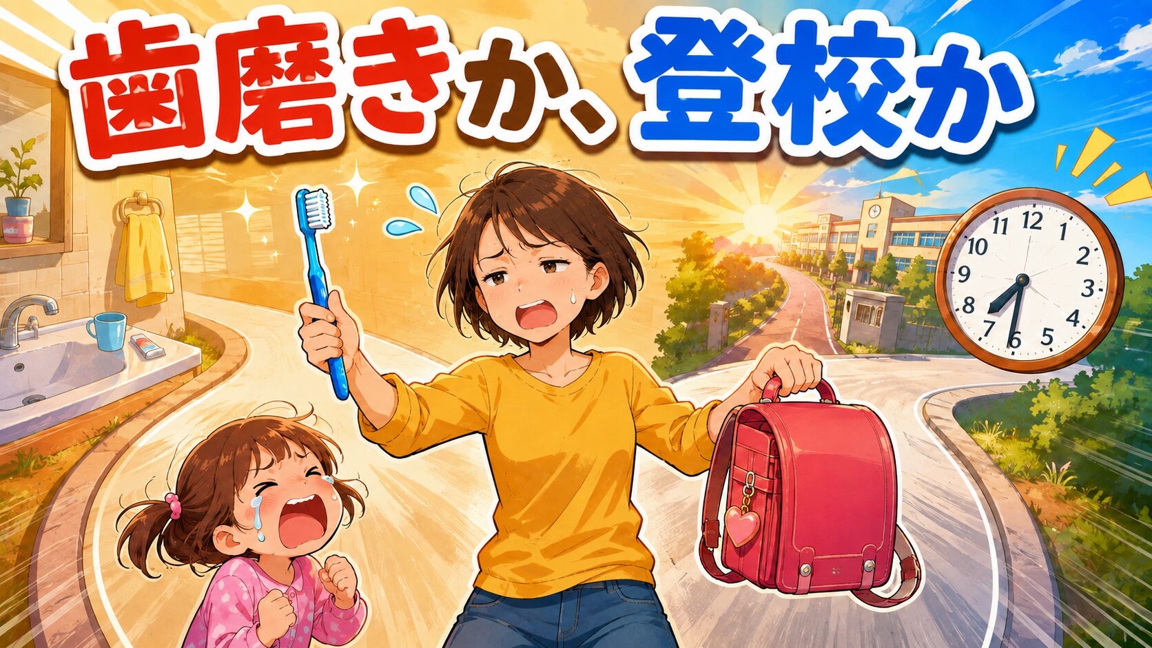 歯磨きを嫌がる娘を前に、歯磨きか登校かで悩む母