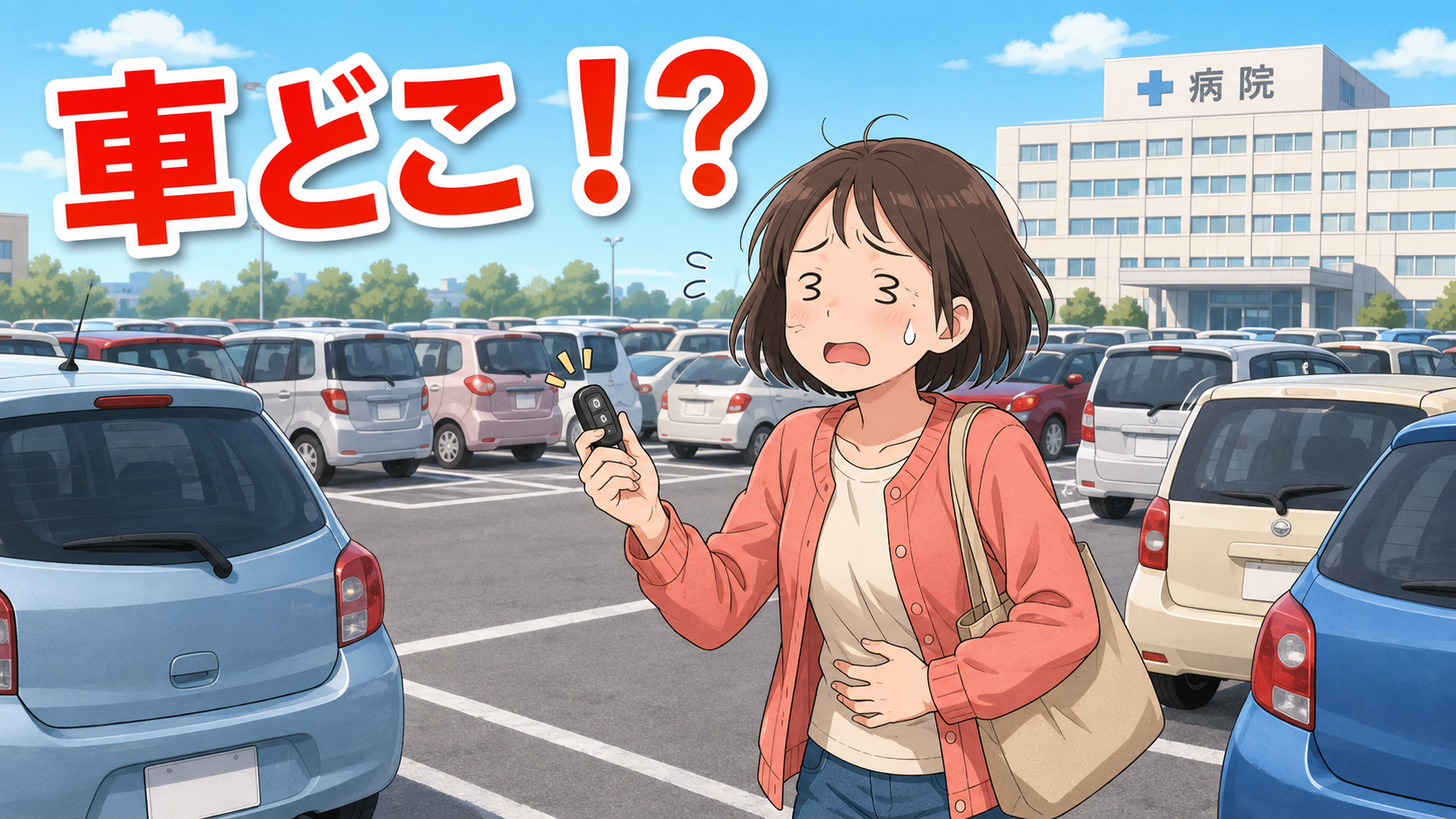 病院の広い駐車場で自分の車が見つからず困っている女性