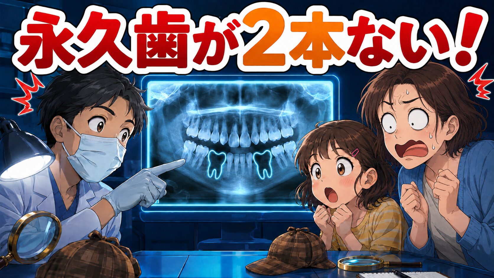 レントゲンで永久歯が2本ないと説明を受ける娘と母