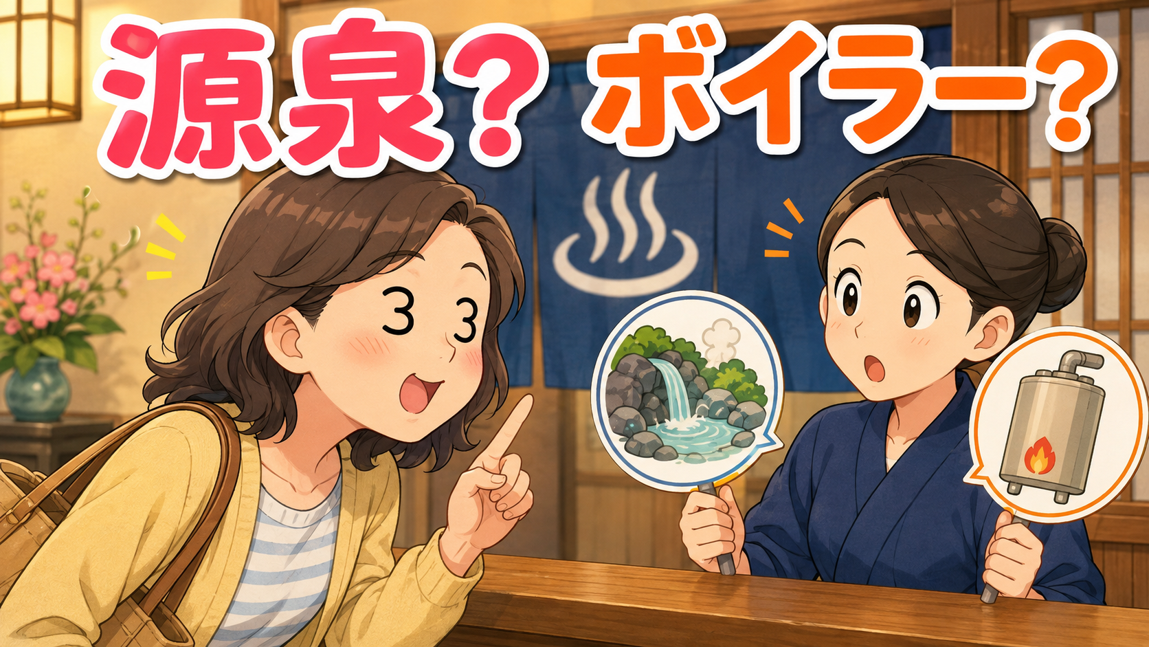 温泉が源泉かけ流しかボイラーかを旅館で確認する女性