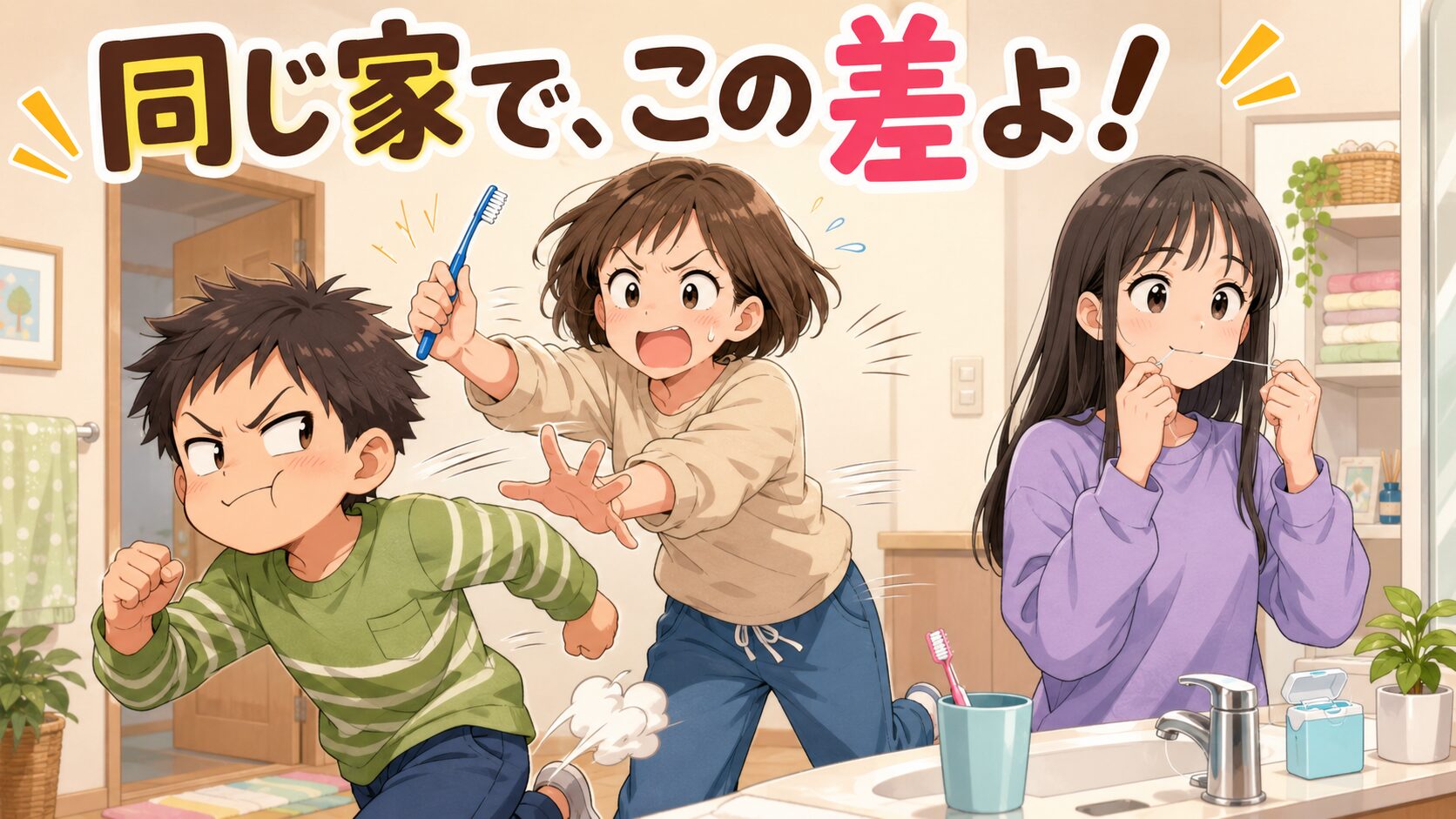 歯磨きから逃げるASD息子を追う母と、自分で糸ようじをするADHD娘
