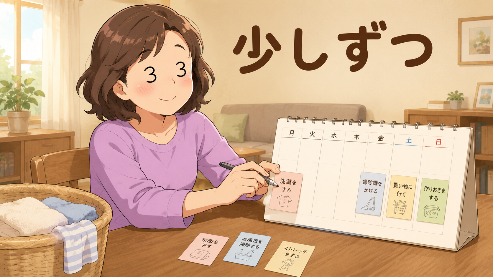 術後の家事を少しずつ再開するため予定を立てる女性