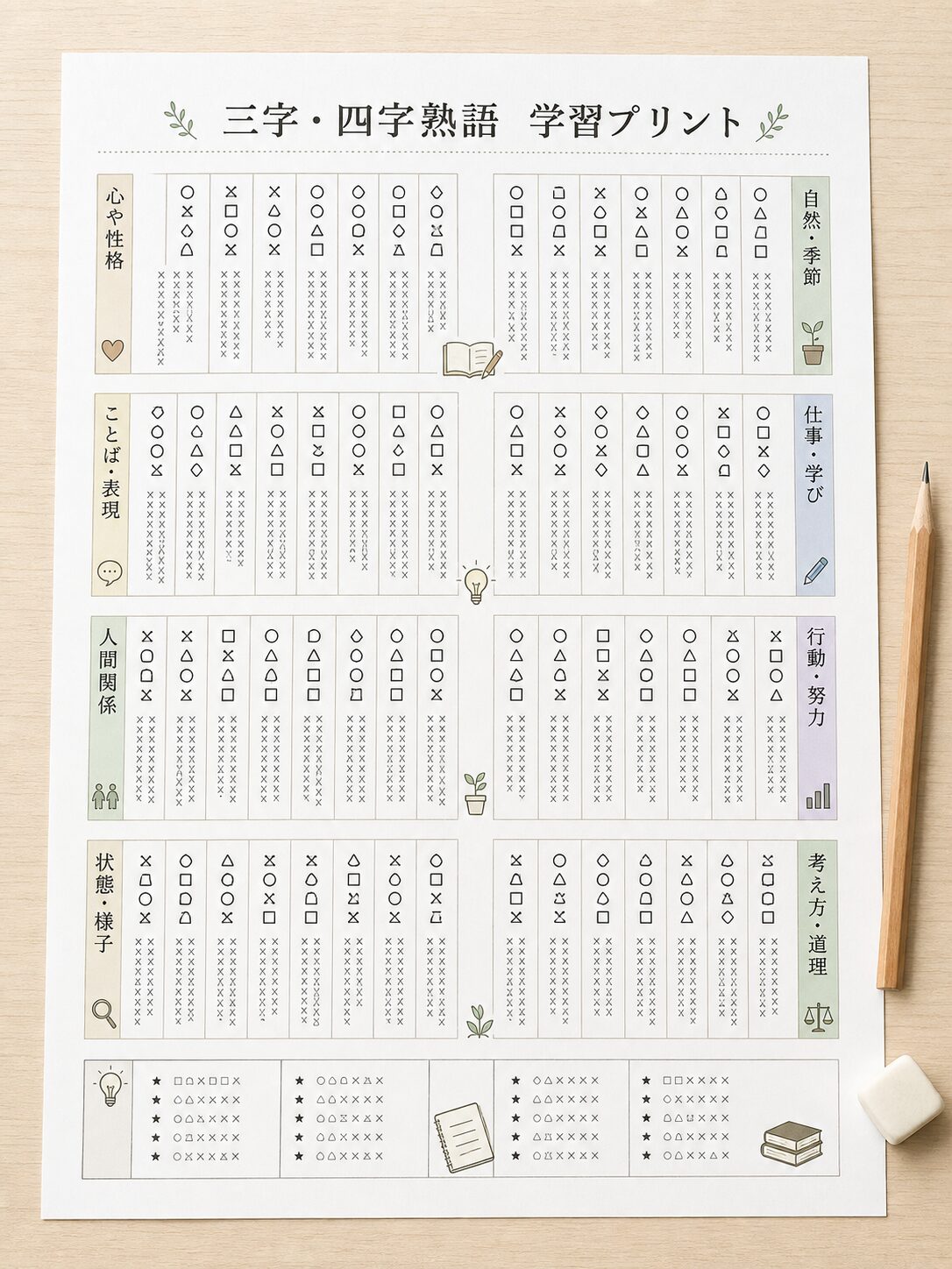 情報量の多い三字熟語と四字熟語の学習プリントを表現したオリジナルイメージ